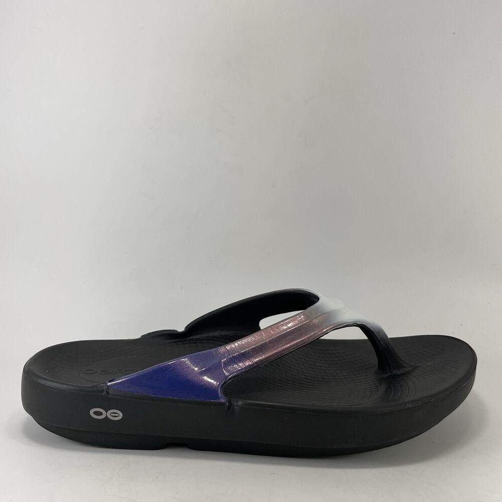 OOFOS OOlala Luxe Black Silver Purple Flip Flops Sandals Womens Size 10 Recovery